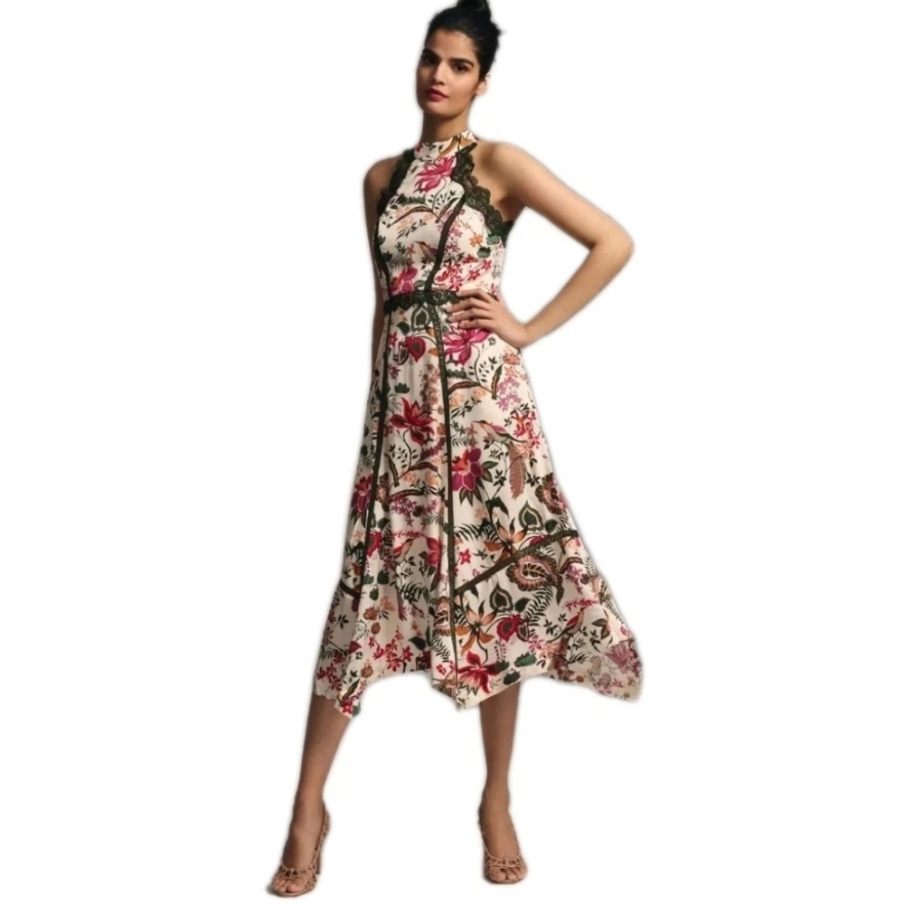 Anthropologie Lace Trim A Line Sleeveless Floral Multicolored MidiDress Size: 4